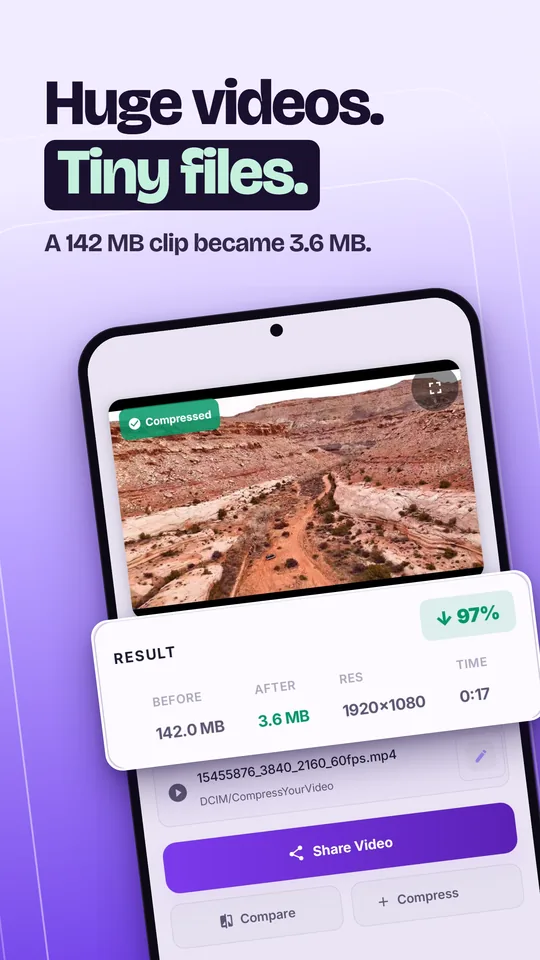 A 142 MB clip compressed to 3.6 MB, 97% smaller