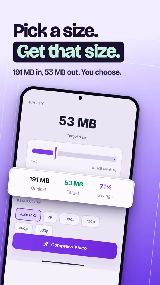 Choosing an exact target size: 191 MB in, 53 MB out