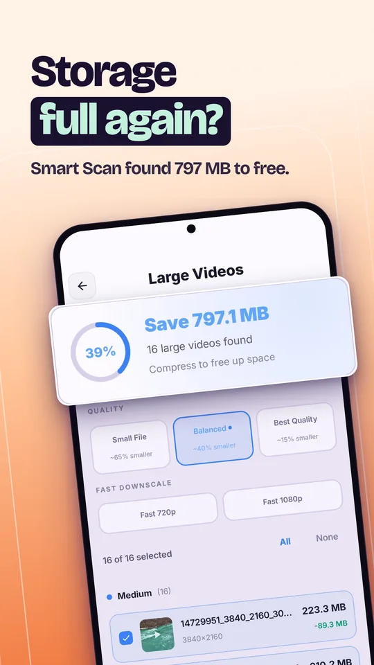 Smart Scan found 797 MB of large videos to free up