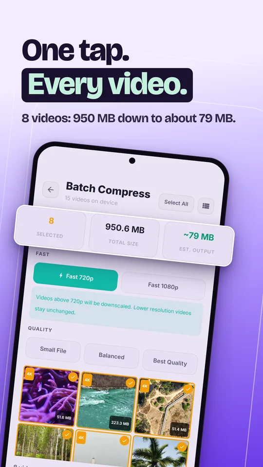 Batch compress: 8 videos from 950 MB down to about 79 MB