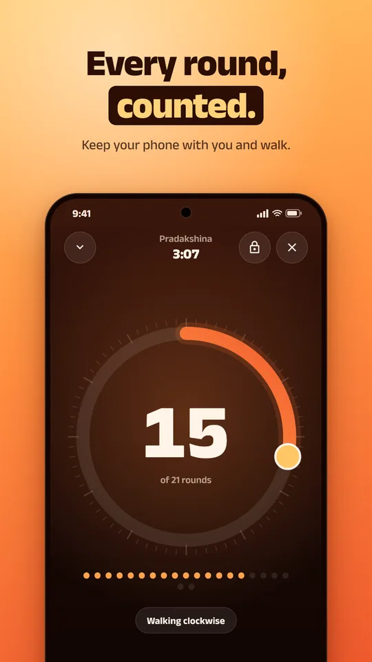 The walk screen counting 15 of 21 rounds, walking clockwise