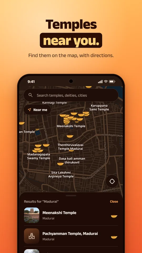A map of temples around Madurai marked with brass lamps, and Meenakshi Temple in the list