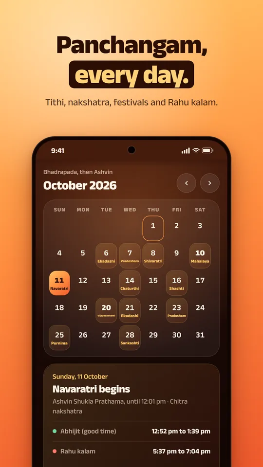 The October panchangam calendar with festival days marked, and the day card for Navaratri